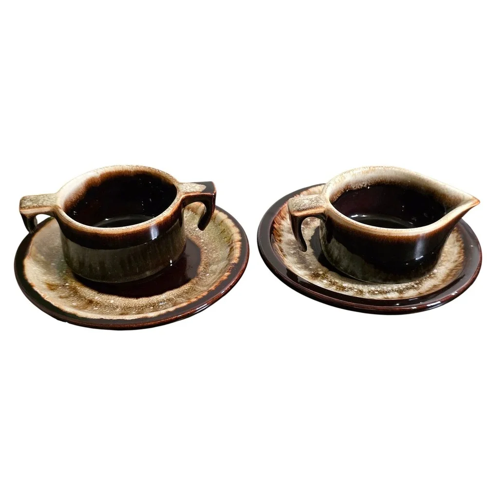 Vintage Pfaltzgraff Creamer and Sugar Set Brown Village Drip Glazed READ‎